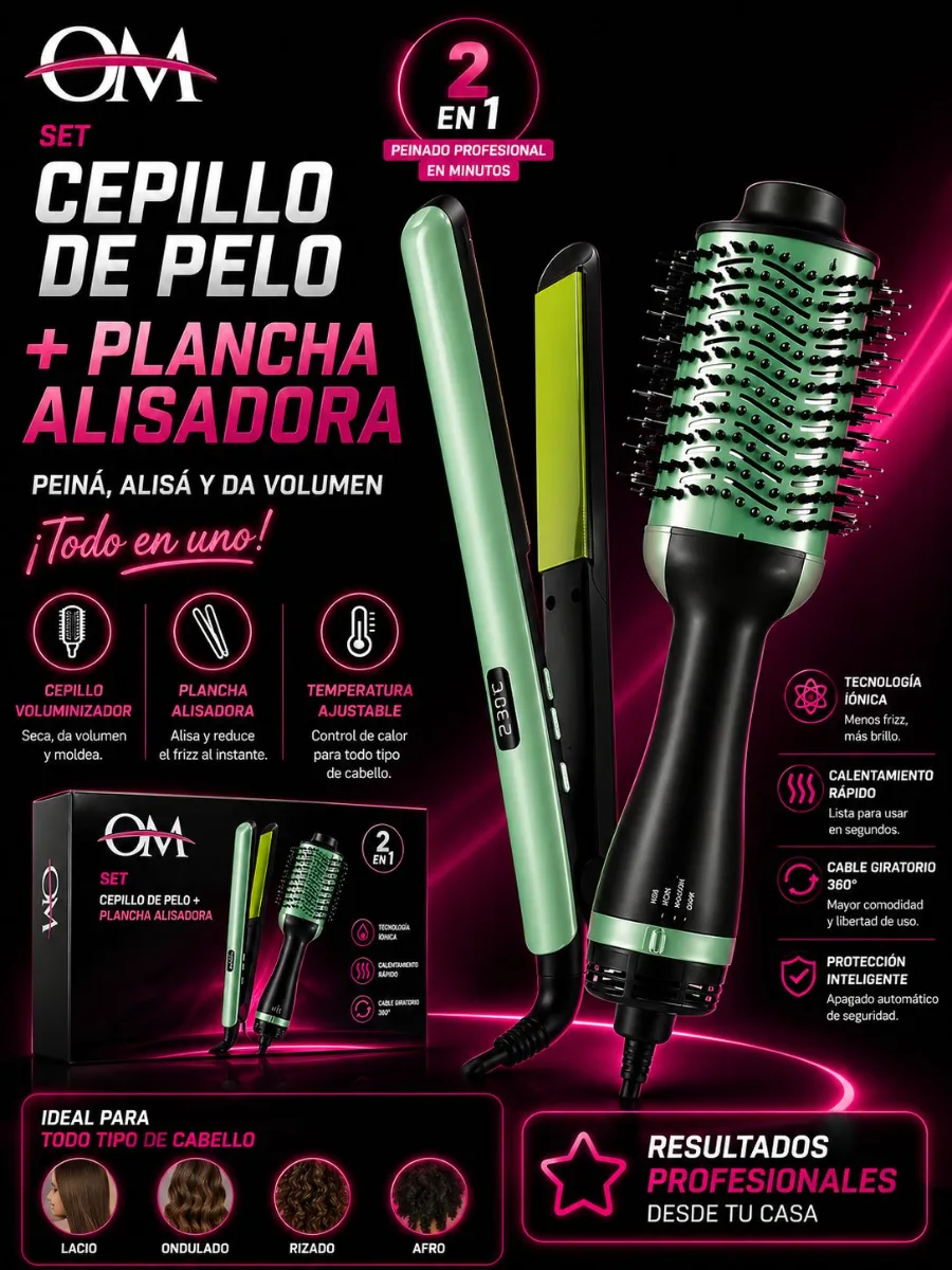 COMBO OM 1780 Cepillo Secador +Planchita