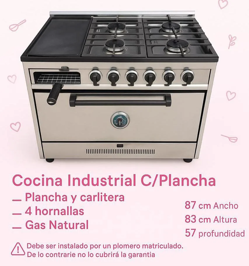 *COCINA INDUSTRIAL C/PLANCHA* _Plancha y carlitera_ _4 hornallas_ _Gas Natural_ 🔺️Debe ser instalado por un plomero matriculado De lo contrario no lo cubrirá la garantia 87 cm Ancho 83 cm Altura